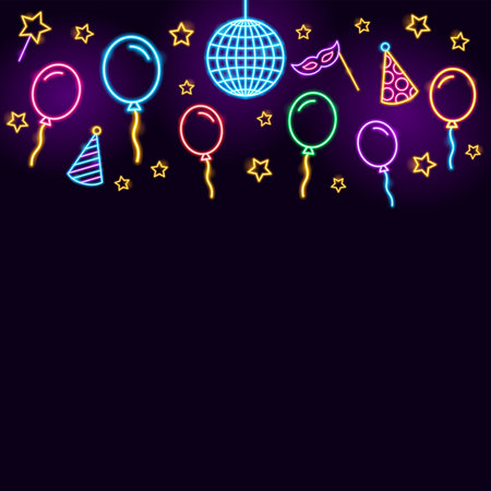 Party Balloons Happy Birthday Neon Backgroundのイラスト素材