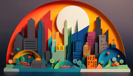 Papercut City Diorama. Colorful Origami Skyline. Ubran Cityscape illustration. Generative AIの素材