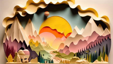 Papercut Camping Silhouette Hiking Travel Layered Design. Generative AI.の素材
