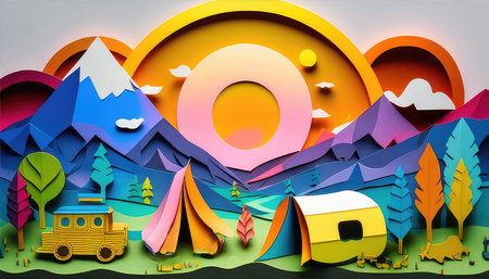 Papercut Adventure Resting Camp Vivid Wildlife Intricate Design. Generative AI.の素材