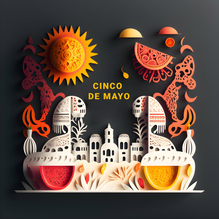 Dark Papercut Cinco de Mayo. Ai Generated Illustration. Diorama Origami Background. Hispanic Holiday.の素材