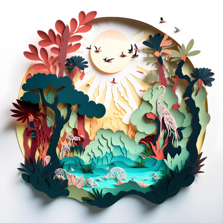 Circle Tropical Forest Jungle Papercut Diorama. Origami Tree. Generative AI.の素材
