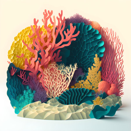 Coral Reef Ocean Papercut. Origami Paper Sea World. Marine Theme. Generative AI.の素材
