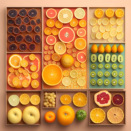 Citrus Lemon Fruit Knolling. Generative AI Illustration of Food Collection.の素材