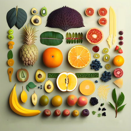 Tropical Fruit Knolling. Generative AI Illustration of Food Collection.の素材
