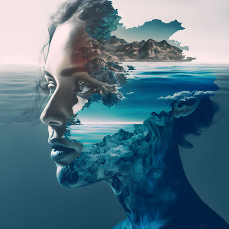 Girl Face Sea Mountain. Generative AI. Natural Water and Ocean Theme. Nature Double Exposure Effect.の素材