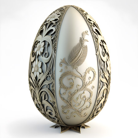 Silver Floral Easter Egg. Generative AI Illustration. Knight Metal Style.の素材