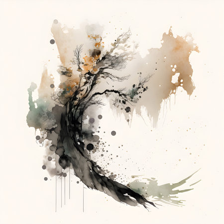 Watercolor Sumi-e Boho Ivory Tree illustration. Beige Splashes. Wedding stationary, Generative AI.の素材