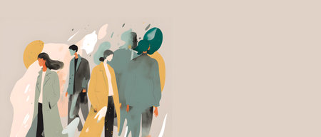 Watercolor Autumn People Fashion Banner. Vintage Coat Model Designs. Windy Beige Ivory Day. Generative AIの素材