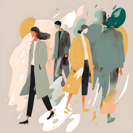 Watercolor Autumn People Fashion Illustration. Vintage Coat Model Designs. Windy Beige Ivory Day. Generative AIの素材