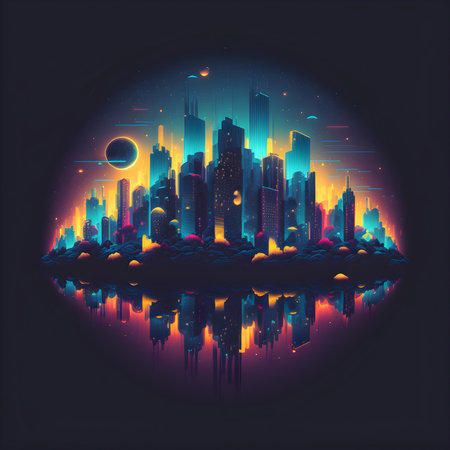 Colorful Night City Panorama Illustration. Flat Highrises and Skyscrappers. Cyber futuristic Design. Generative AIの素材
