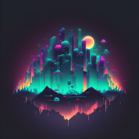 Retrowave Night City Island  Illustration. Synthwave 80s Skyscrappers. Cyber futuristic Design. Generative AIの素材