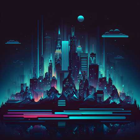 Colorful Teal Night City Futuristic Illustration. Flat Highrises and Skyscrappers. Cyber Design. Generative AIの素材