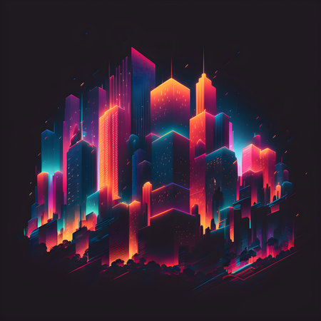 Glowing Night City Illustration. Synthwave 80s Orange Skyscrappers. Cyber futuristic Design. Generative AIの素材