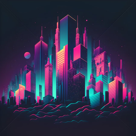Futuristic Space City Illustration. Vivid Night Skyscrappers. Cyberpunk Design. Generative AIの素材