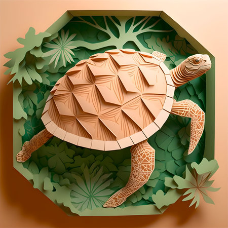 Green Zoo Turtle Papercut. Generative AI. Paper Style Animal Zoo. Polygonal Art.の素材