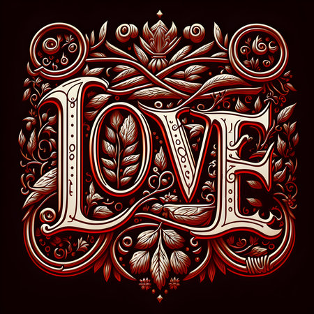 Love Sign Lettering. Classic Vintage Manuscript Postcard Design. Valentine's Day Concept. Generative AIの素材