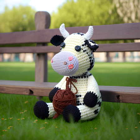 Yarn Amigurumi Cow on Grass. Generative AI Handmade Animals. Craftstmanship and Craft.の素材