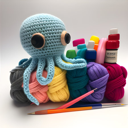 Blue Amigurumi Octopus Yarn. Generative AI Handmade Animals. Craftstmanship and Craft.の素材