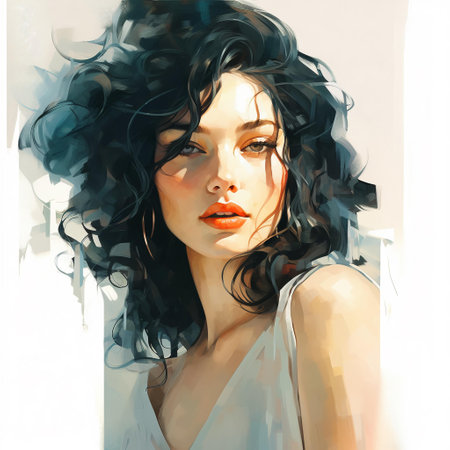 Brunette Pretty Red Lips Woman Portrait. Generative AI. Artificial Intelligence Art. Fashion Painted Model Illustration.の素材