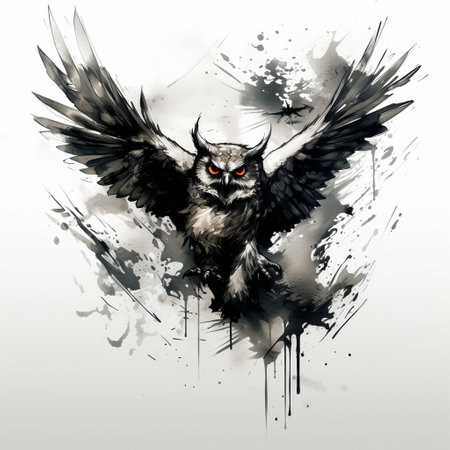 Big Owl Black. Generative AI. Artificial Intelligence Art. Bird Tattoo Sketch.の素材