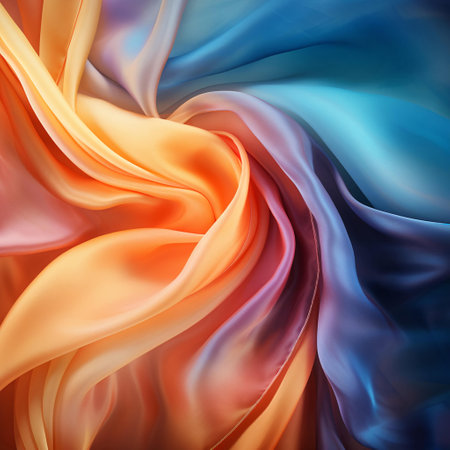 Orange Blue Silk Textile Background. Generative AI. Artificial Intelligence Art.  Many Colors Clothes Fabric. Colorful Vivid Bright Colours.の素材