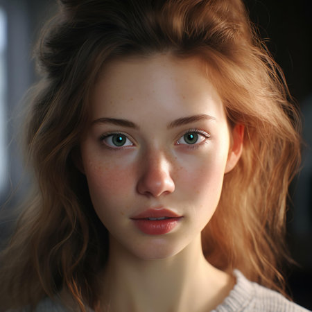 Youth Brunette Realistic Woman Portrait. Generative AI. Artificial Intelligence Art. Fashion Photorealistic Model Illustration.の素材