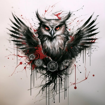 Owl Grey Watercolor Illustration. Generative AI. Artificial Intelligence Art. Bird Tattoo Sketch.の素材
