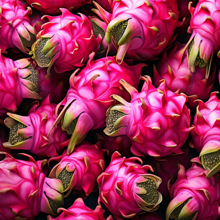Pitaya Fruit Realistic Pattern Illustration. Generative AI. Artificial Intelligence Art. Tropical Texture with Many Objects.の素材