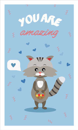 love story card. Cute cat with a basket conveys a message of feeling. Vector illustration in flat styleのイラスト素材