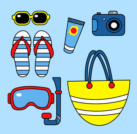 vacation vibe. This is a set of essential items for a beach holiday. illustration in a flat style.のイラスト素材