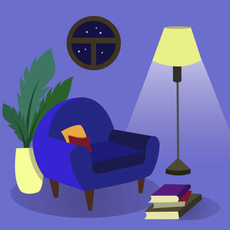 Cozy night flat style interior. Comfortable chair, floor lamp and favorite books - a great evening. illustration in flat style.のイラスト素材
