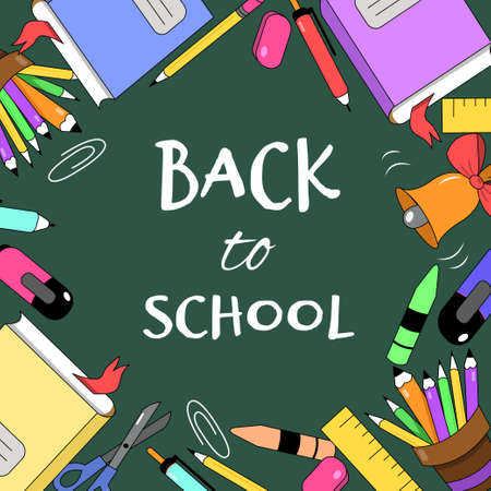 Welcome back to school concept. School board and school items in bright colors. Vector illustration in cartoon style.のイラスト素材