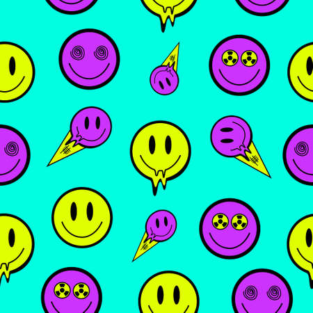 Acid rave smile pattern. Trippy, psychedelic, trend pattern. vector illustration.のイラスト素材