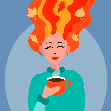 autumn girl. Girl with leaves in red hair and with a mug of hot tea in her hands. Cozy atmosphere. Vector illustration in flat style.のイラスト素材