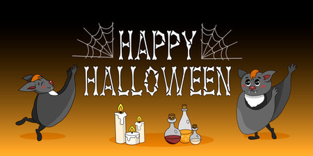 Happy halloween bat banner. Cute dancing bats at a Halloween party. Vector illustration.のイラスト素材