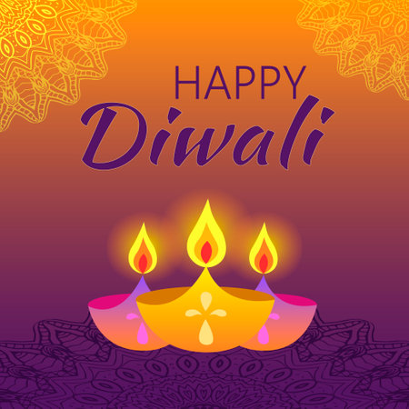 Happy Diwali celebration banner. Background design decorated with illuminated oil lamps. Hindu holiday. Festival of Lights. vector illustration.のイラスト素材