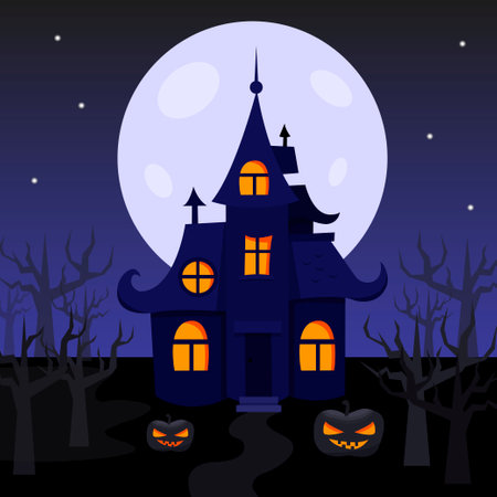 Halloween castle concept. illustration blue background concept,festival halloween,full moon on dark night with castle for celebration halloween day.のイラスト素材