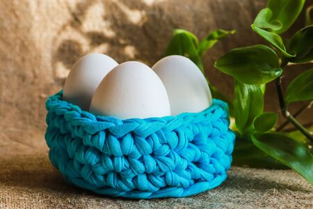 Three unpainted white eggs on the table