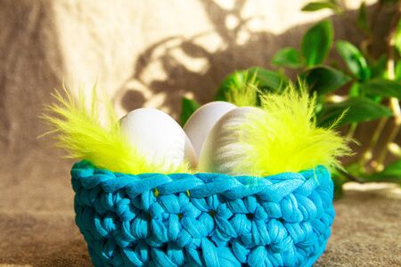 Easter unpaited white eggs in a basket with pussy willowの写真素材