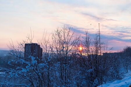 Winter landscape in the city sunlights throuth the tree. Lots of snow. Frosty day in the cityの写真素材
