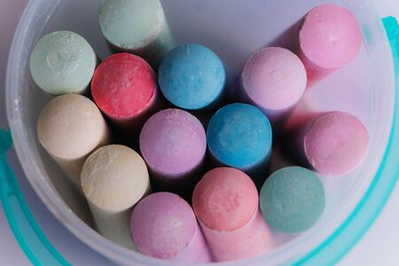 Colorfull chalck in plastic box, macro.Close up. Back to school conceptの写真素材
