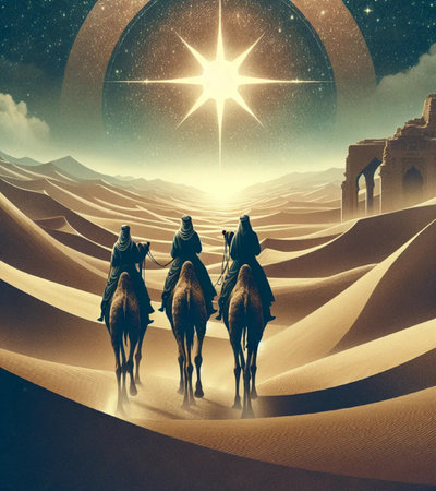 Three wise men on camels in the desert at night. The nativity of Christ. The three Magi go to the star. 3D renderingの素材