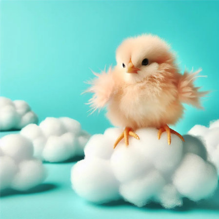 Chick and clouds on blue background. Easter holiday concept. Copy space. The trendy color is peach fuzz.の素材