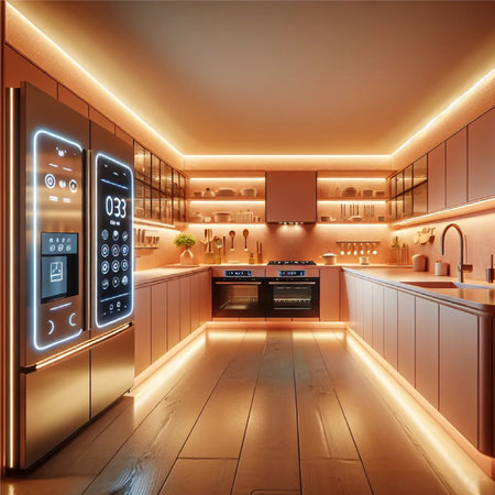 3d rendering of a modern kitchen interior design with built in appliances. The trendy color is peach fuzz.の素材