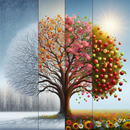 Four seasons collage with apple tree in winter, summer and autumnの素材