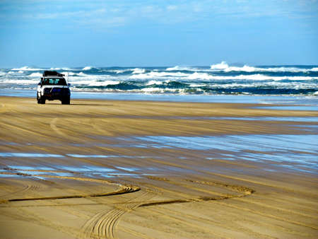Fraser Island, jeep on the beachの写真素材
