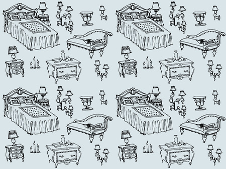 a set of seamless pattern bedroom furniture, beds, stool, chest of drawers, bedside table, lamp, candles, lampshades, pillows, blankets, home furnishings and decorのイラスト素材