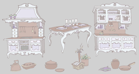 sketch set for a kitchen furniture in the old style -color mauveのイラスト素材