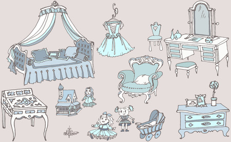 sketch, set of furniture and toys for the girls room color blueのイラスト素材